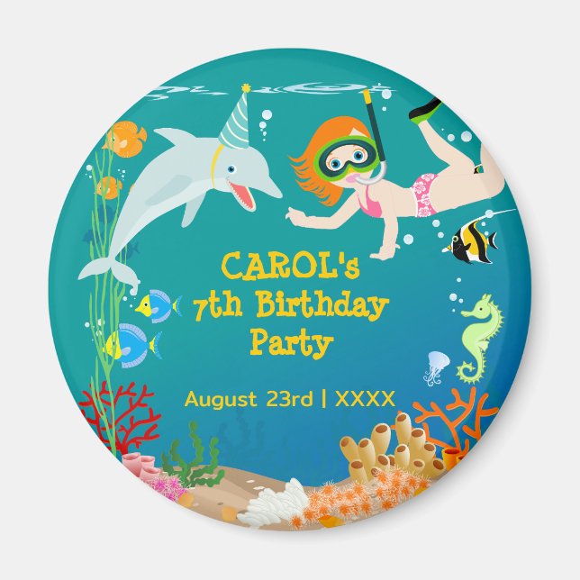 Imán Bajo el mar delfines y fiesta de cumpleaños chica (Frente)