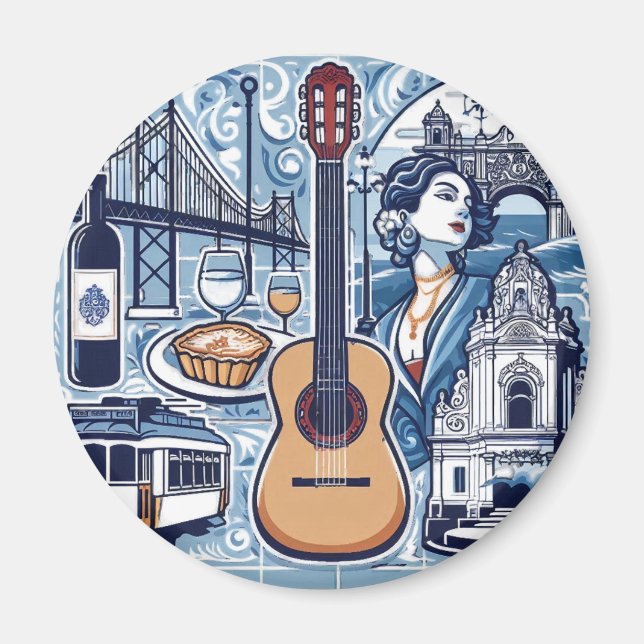 Imán Baldosa azul sobre Lisboa y cultura portuguesa (Frente)