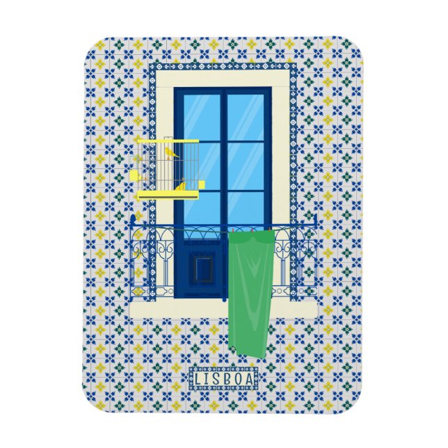 Imán Baldosas portuguesas y balcón con ventana (Vertical)