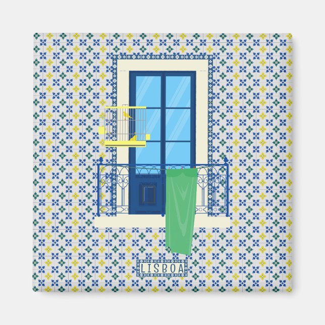 Imán Baldosas portuguesas y balcón con ventana (Frente)