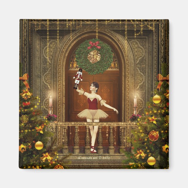 Imán Ballerina y Nutcracker Square Holiday Magnet (Frente)