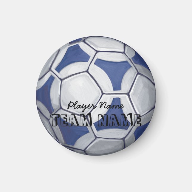 Imán Balón de fútbol nombre y número azul y blanco (Frente)