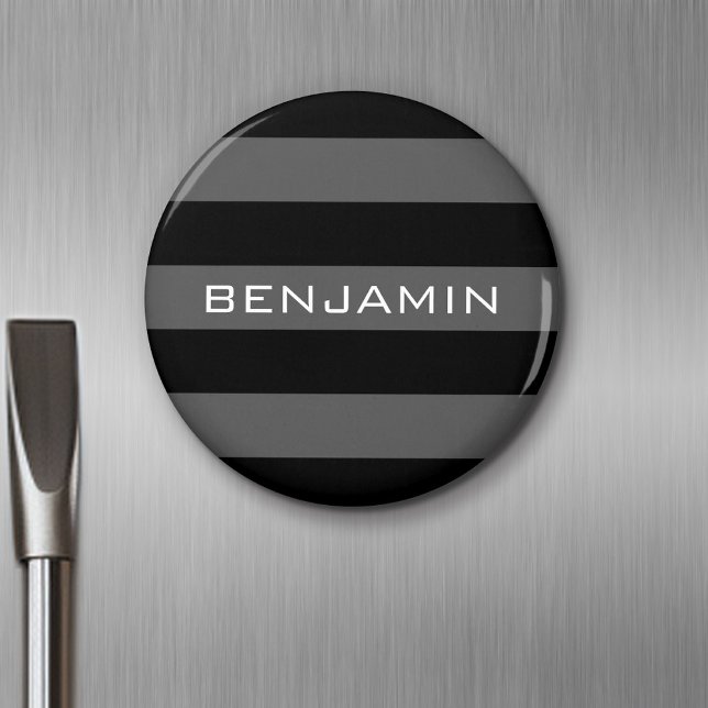Imán Bandas de rugby negras y grises con nombre persona (Personalized Fridge Magnet - Party Favor - Add Custom Text)