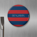 Imán Bandas de rugby rojo y azul marino con nombre pers<br><div class="desc">Blues oscuros y un rojo tradicional — Un patrón masculino para los chicos y chicos de su familia. Un diseño audaz y moderno con un área para texto personalizado. Si necesita ajustar la ilustración o cambiar el tipo de letra, puede hacer clic en el área personalizar. Esto le llevará a...</div>