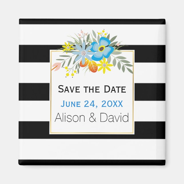 Imán Bandas y flores azules boda Save the Date (Frente)
