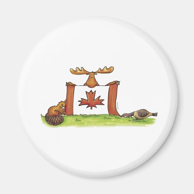Imán Bandera canadiense con alce, castor y ganso (Frente)