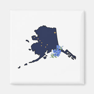 Imán Bandera de Alaska con flores del estado no me olvi