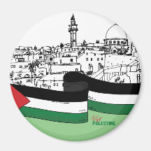 Bandera de Palestina y antiguas casas dibujadas a