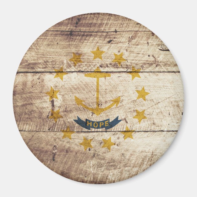 Imán Bandera estatal de Rhode Island en grano de madera (Frente)