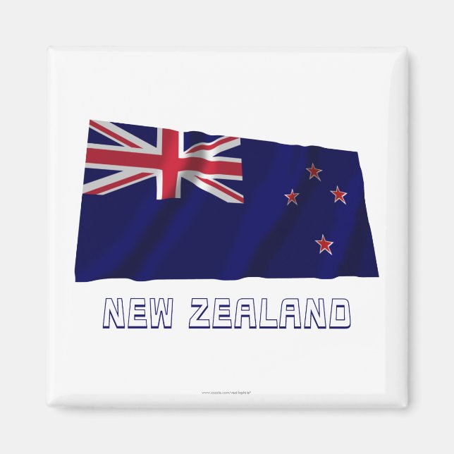 Imán Bandera ondulada de Nueva Zelanda con nombre (Frente)