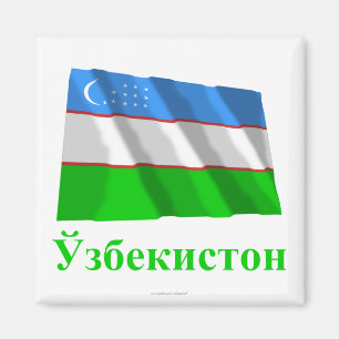 Imán Bandera que agita de Uzbekistán con nombre en