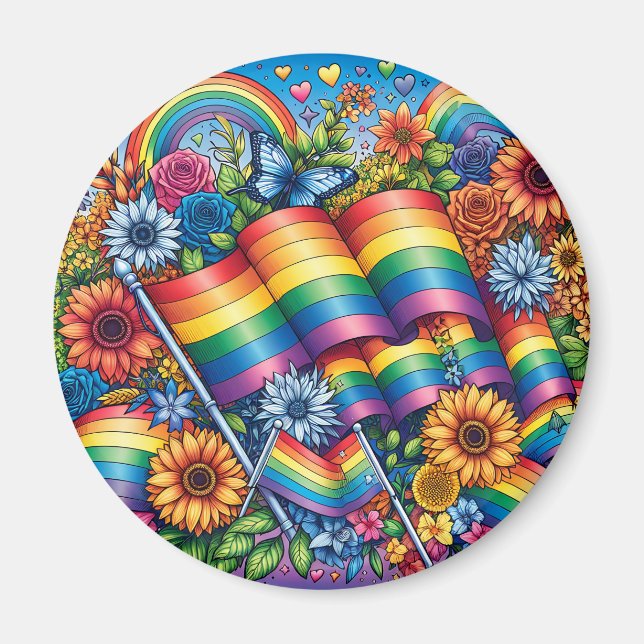 Imán Banderas del Orgullo LGBTQIA+, Arcoíris, Flores (Frente)