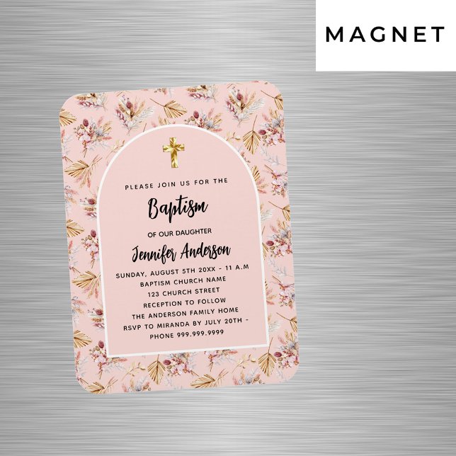 Imán Baptism pampas flores subió invitación rosa dorada (Subido por el creador)