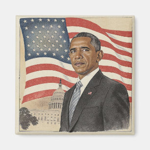 Imán Barack Obama frente a la bandera estadounidense y 