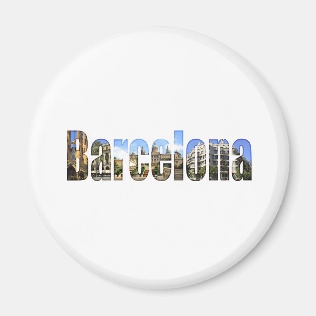 Imán Barcelona con atractivos turísticos en cartas (Frente)