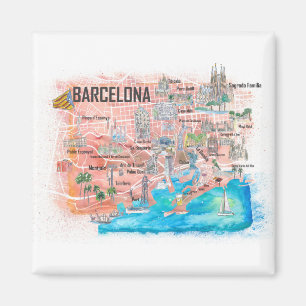 Imán Barcelona Mapa ilustrado de viajes con carreteras