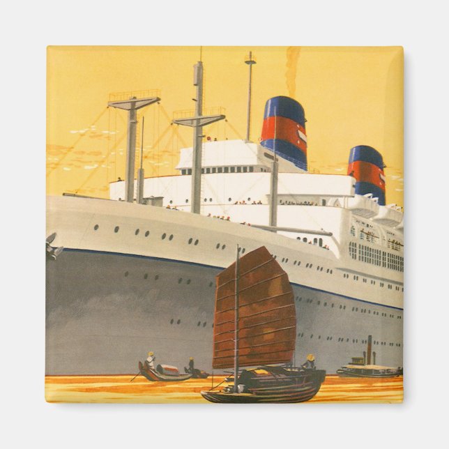 Imán Barco Crucero Antiguo al Oriente con Barcos Junco (Frente)