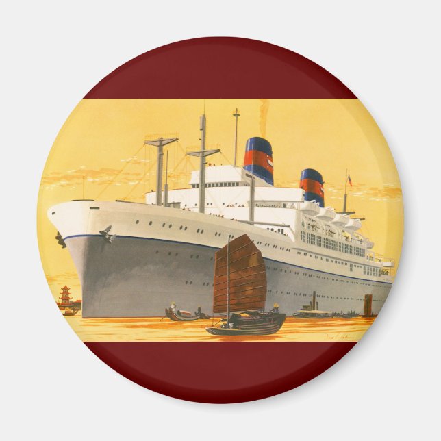 Imán Barco Crucero Antiguo al Oriente con Barcos Junco (Frente)