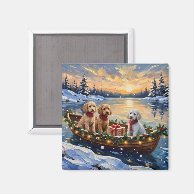 Imán Barco de Navidad de Caniche Fiesta (Anverso/Reverso)