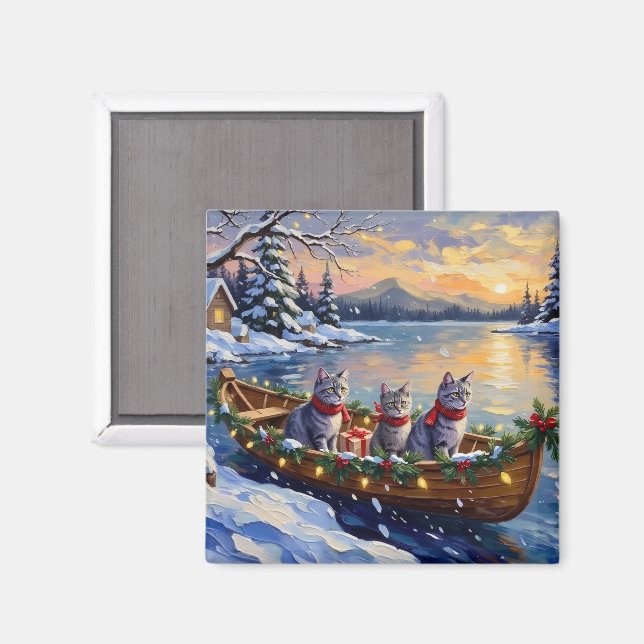 Imán Barco de Navidad de Gato Azul Oriental Fiesta (Anverso/Reverso)