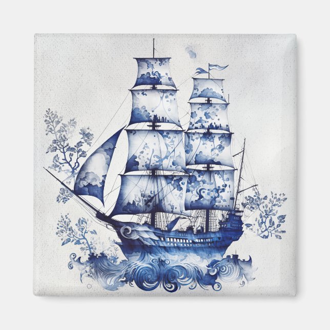 Imán Barco de vela de estilo Delft azul y blanco en el  (Frente)