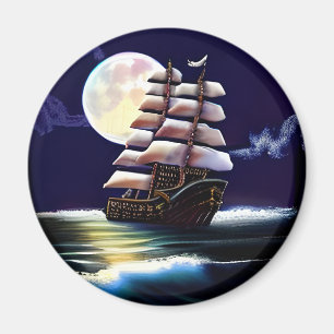 Imán Barco iluminado en el océano bajo la luna