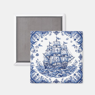 Imán Barco Mercante Estilo Delft Azul Blanco
