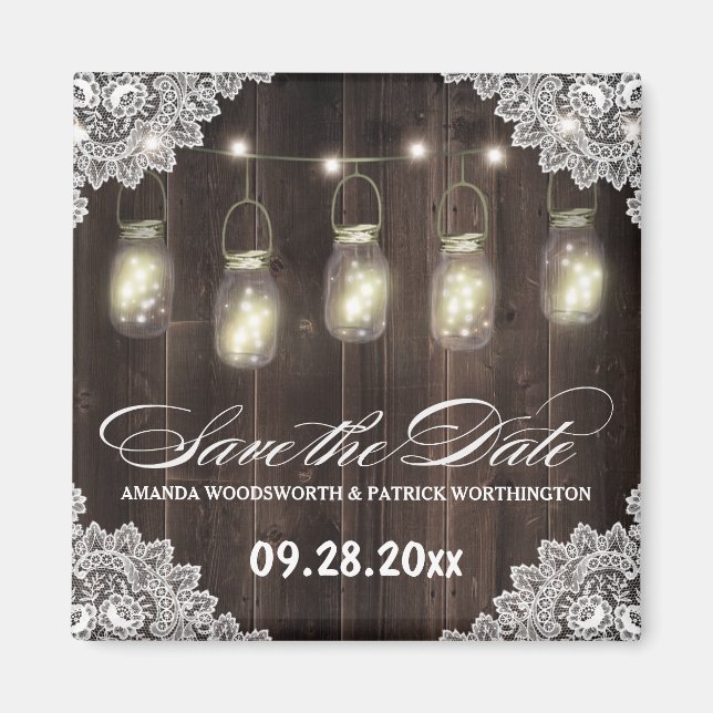 Imán Barn Wood y Lace Mason Jar Wedding Salven la fecha (Frente)