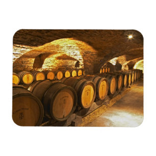 Imán barriles de roble en el sótano de Domaine Comte