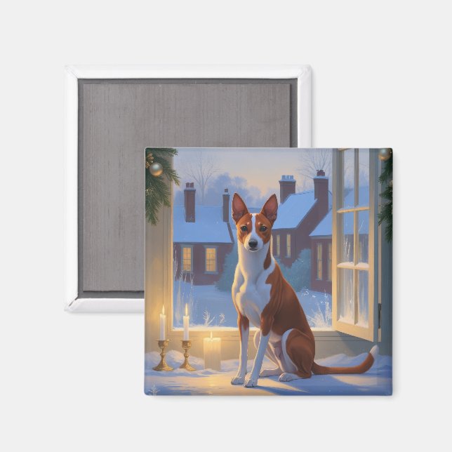 Imán Basenji con Luces de Navidad Fiesta (Anverso/Reverso)