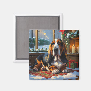 Imán Basset Hound con Luces de Navidad Fiesta
