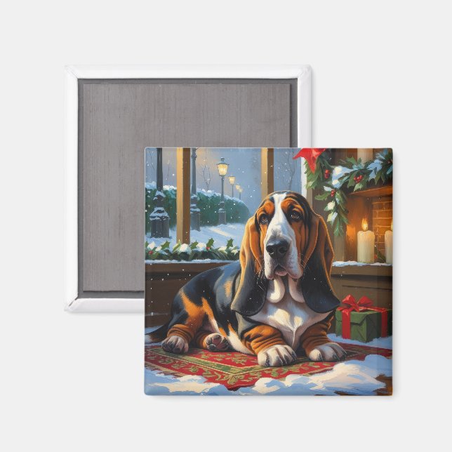 Imán Basset Hound con Luces de Navidad Fiesta  (Anverso/Reverso)