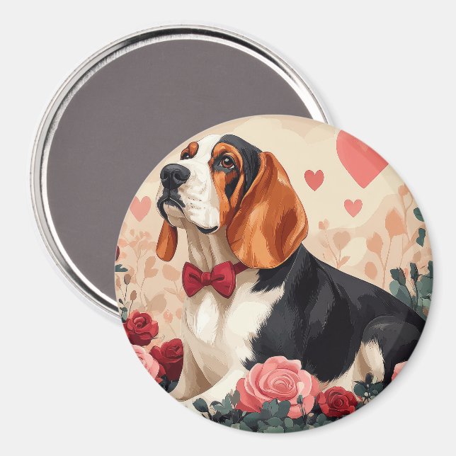 Imán Basset Hound con Rosas - Día de San Valentín  (Anverso/Reverso)