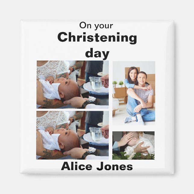 Imán Bautismo personalizado 4 Collage de fotos (Frente)