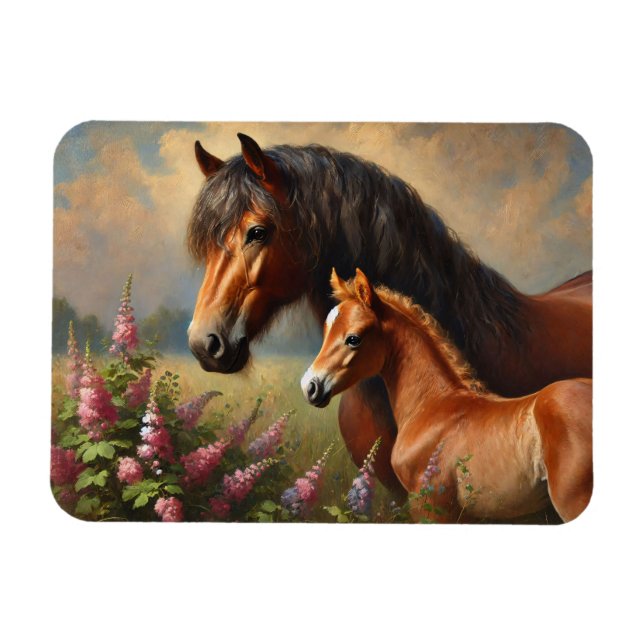 Imán Bay Mare con pintura de Foal Wildflowers (Horizontal)