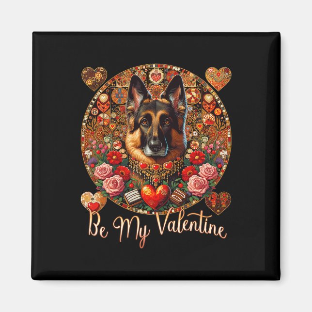 Imán Be My Valentine Dog Flower Red Heart Day - German  (Frente)