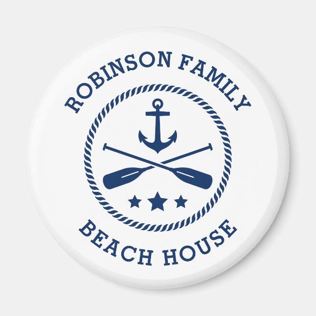 Imán Beach House & Family Name Anchor Oars Stars Round (Frente)