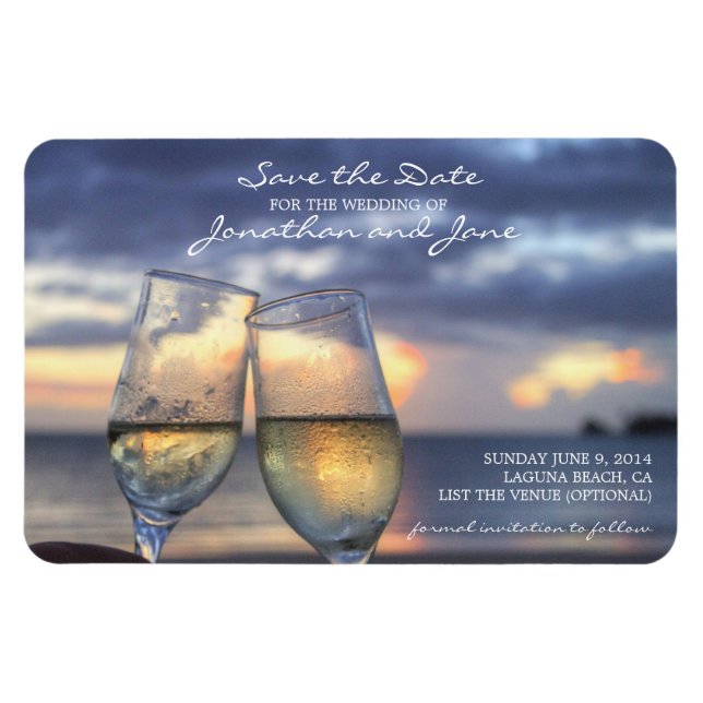 Imán Beach Ocean Boda Champagne Glass Save the Date (Horizontal)
