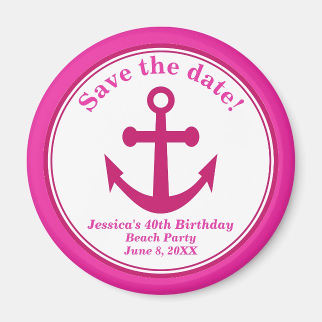 Imán Beach Save the Date Magnet Pink Anchor Cumpleaños (Frente)
