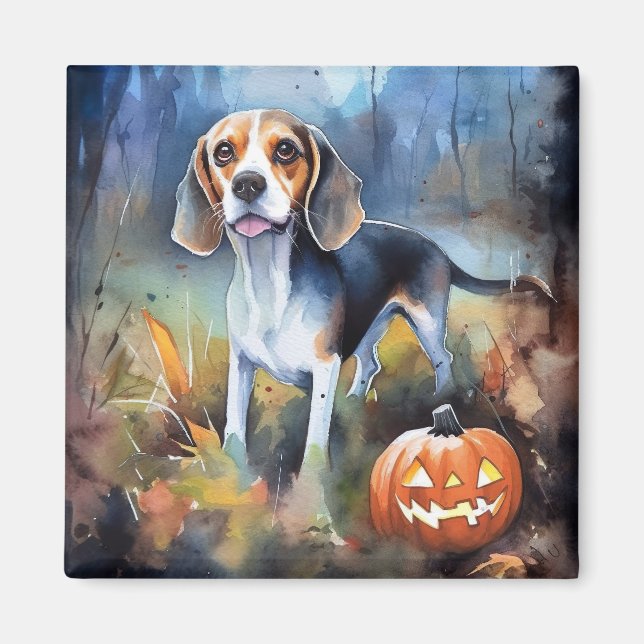 Imán Beagle de Halloween con calabazas aterradoras (Frente)