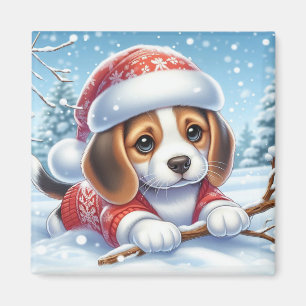 Imán Beagle Puppy en Navidades Enfrentados Con La Nieve