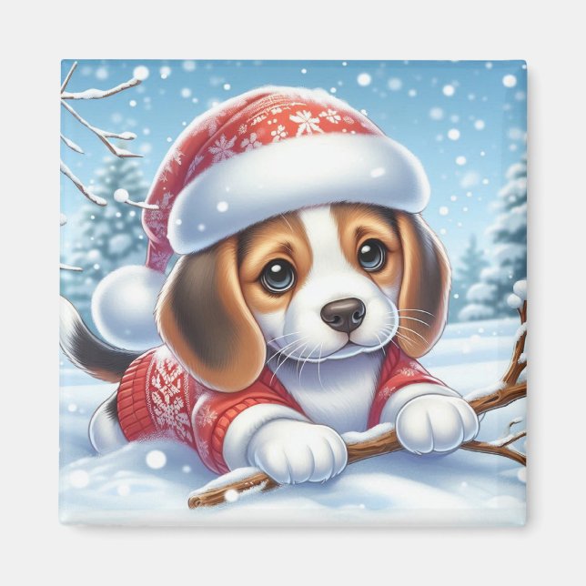 Imán Beagle Puppy en Navidades Enfrentados Con La Nieve (Frente)