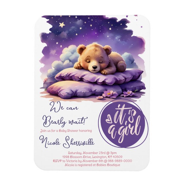 Imán Bear Bear Sleeping Purple Galaxy Chica Baby Shower (Vertical)