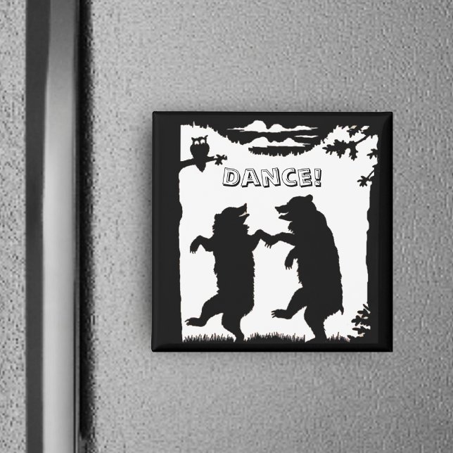 Imán Bears Black Silhouette (Two black bears in silhouette dancing under trees with owl on black white square Dance magnet.)