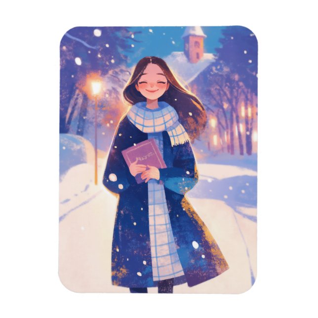 Imán Beautiful Girl Walking on Winter Street (Vertical)