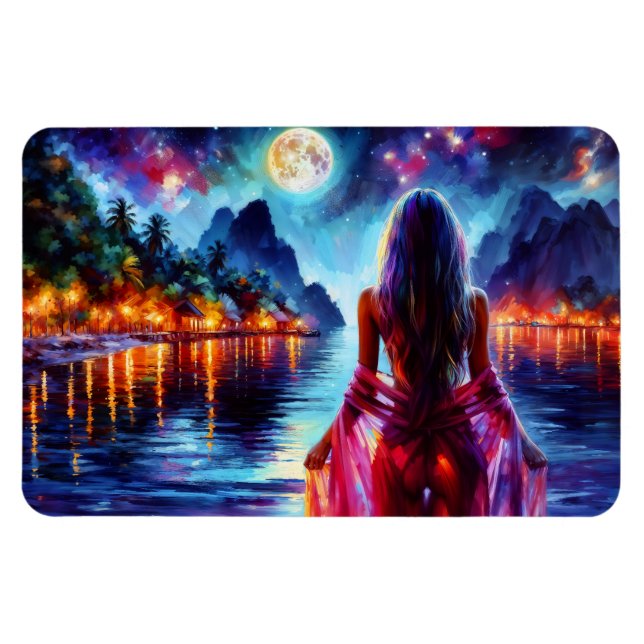 Imán Beautiful girl watching glowing night water (Horizontal)