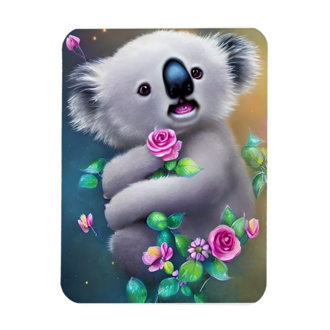 Imán Bebé adorable Koala Oso con flores (Vertical)