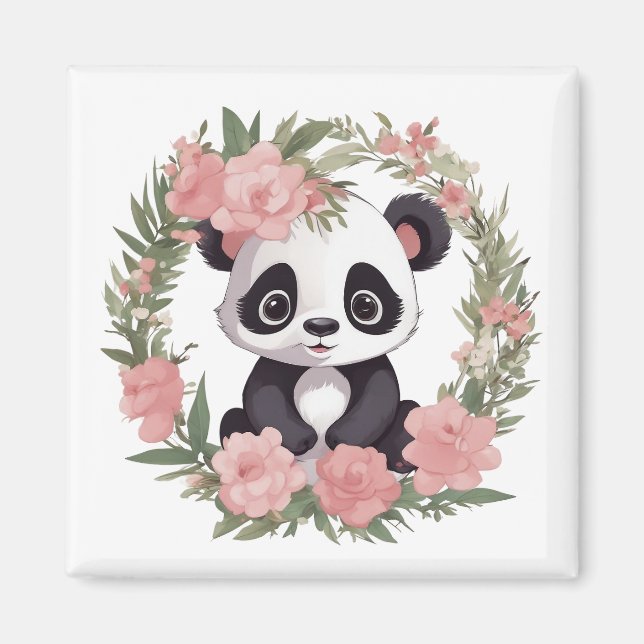 Imán Bebé Adorable Panda Bear con Flores (Frente)