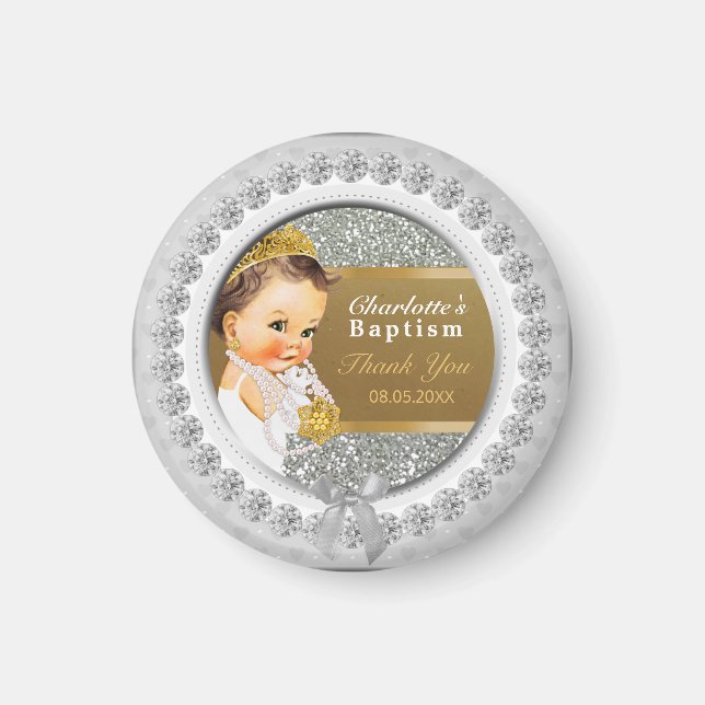 Imán Bebé Baptismo Gracias Keepsake | Plata dorada (Frente)
