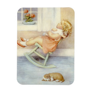 Imán Bebé Chica Vestido Rosa Silla Roca